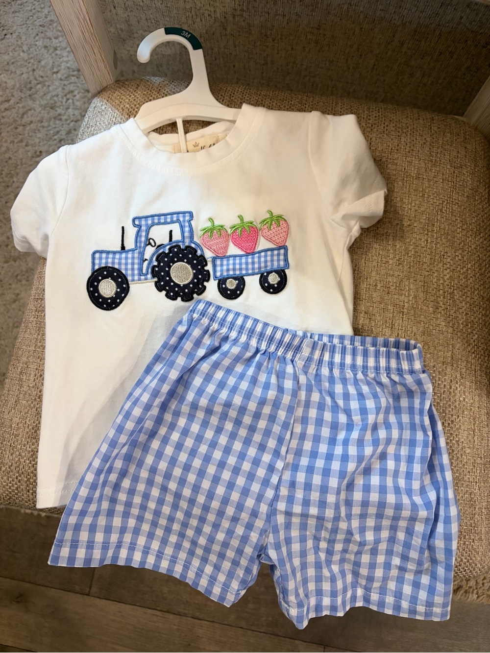 Marie Nicole Blue Gingham Appliqué Tractor Strawberry Short Set 6-12m
